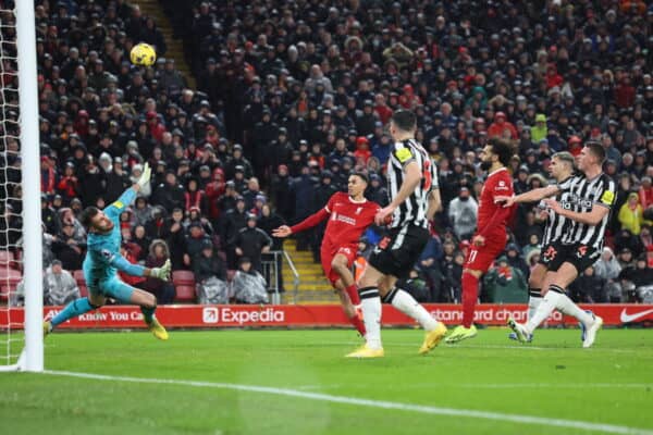 LIVERPOOL, ENGLAND - Monday, January 1, 2024: Trent Alexander-Arnold misses after Mohamed Salah's penalty saved during the FA Premier League match between Liverpool FC and Newcastle United FC at Anfield. (Photo by David Rawcliffe/Propaganda)