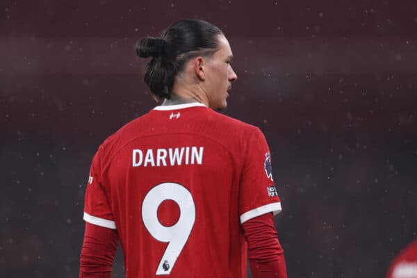 LIVERPOOL, ENGLAND - Monday, January 1, 2024: Darwin Nunez during the FA Premier League match between Liverpool FC and Newcastle United FC at Anfield. (Photo by David Rawcliffe/Propaganda)