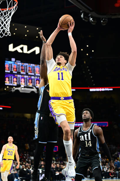 Jaxson Hayes Of the Los Angeles Lakers drives to the basket during the game against the Atlanta Hawks on January 30, 2024 at State Farm Arena in...