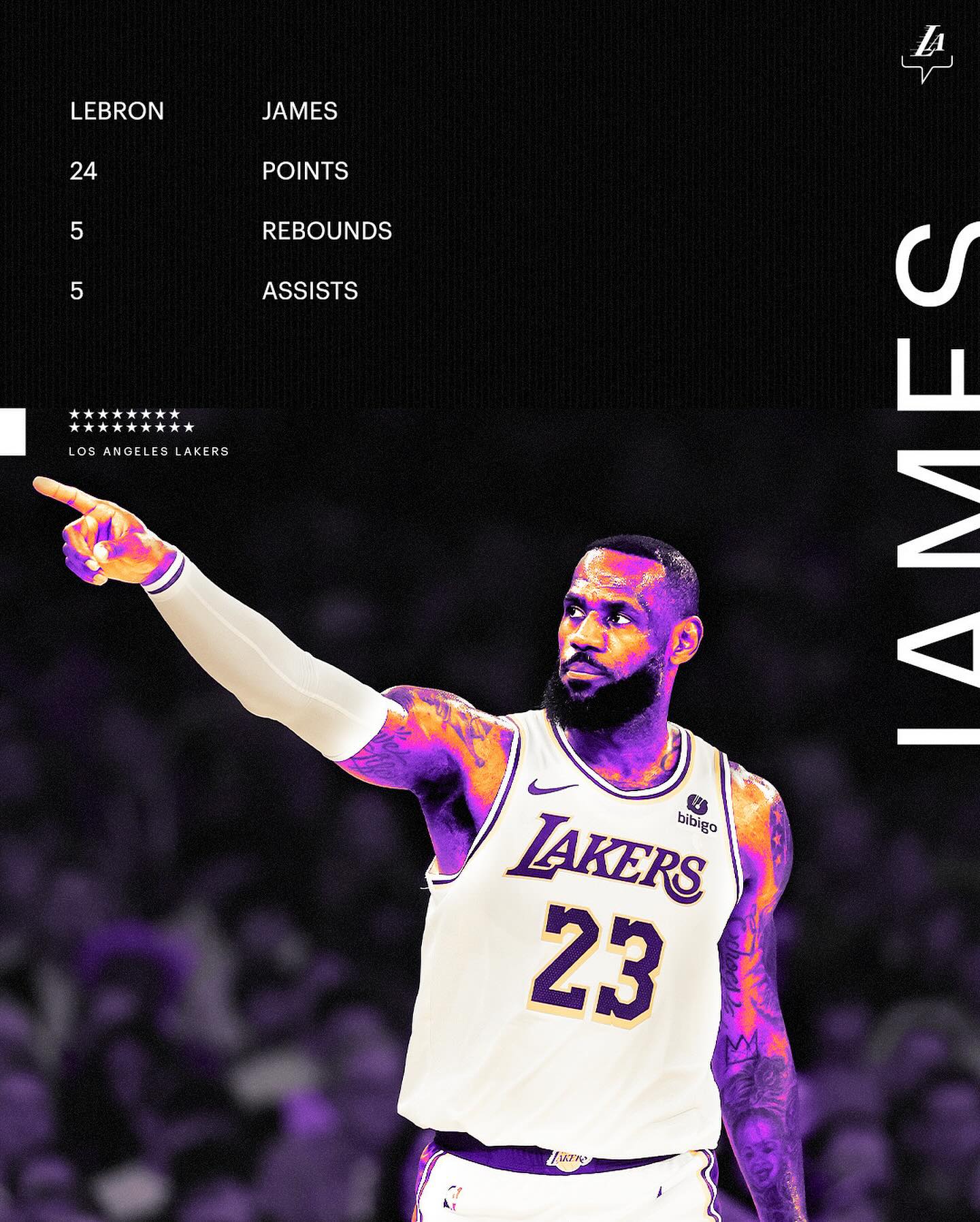 May be a graphic of 1 person, playing basketball, basketball jersey, crowd and text that says 'LEBRON JAMES 24 POINTS 5 5 REBOUNDS ASSISTS ****大*大大 os ANGELES LAKERS LAKERS bibigo t 23 JK'