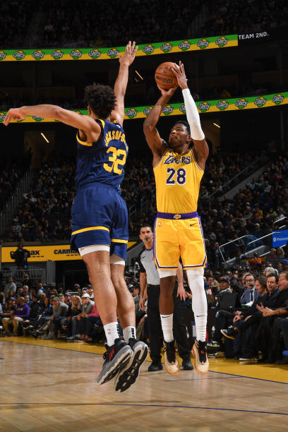 Rui Hachimura of the Los Angeles Lakers shoots a 3-point basket during the game on February 22, 2024 at Chase Center in San Francisco, California....