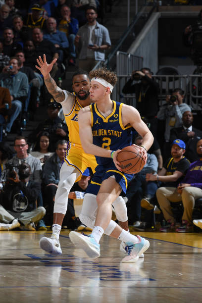 Brandin Podziemski of the Golden State Warriors handles the ball during the game on February 22, 2024 at Chase Center in San Francisco, California....