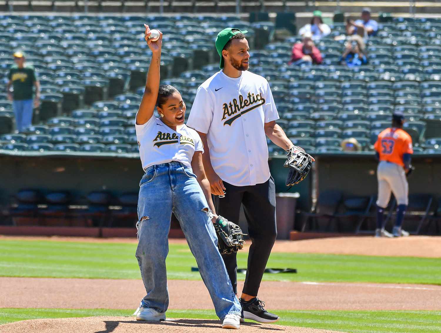 Stephen Curry Throws Wild First Pitch at Oakland A's Game with Ayesha