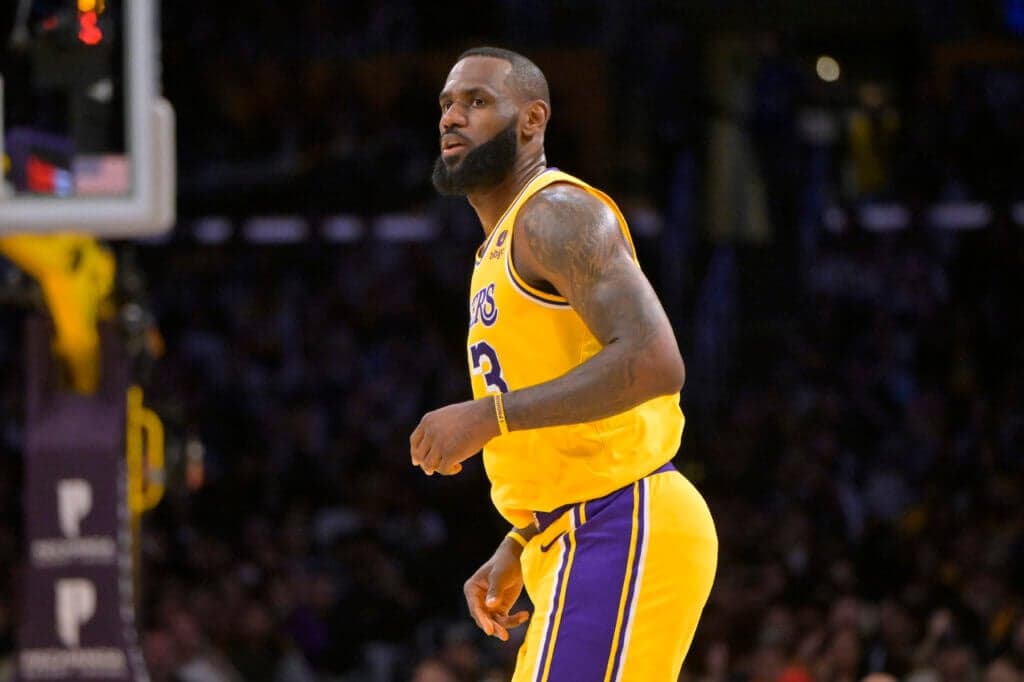 Feb 29, 2024; Los Angeles, California, USA; Los Angeles Lakers forward LeBron James (23) looks on in the first half against the Washington Wizards at Crypto.com Arena. Mandatory Credit: Jayne Kamin-Oncea-USA TODAY Sports