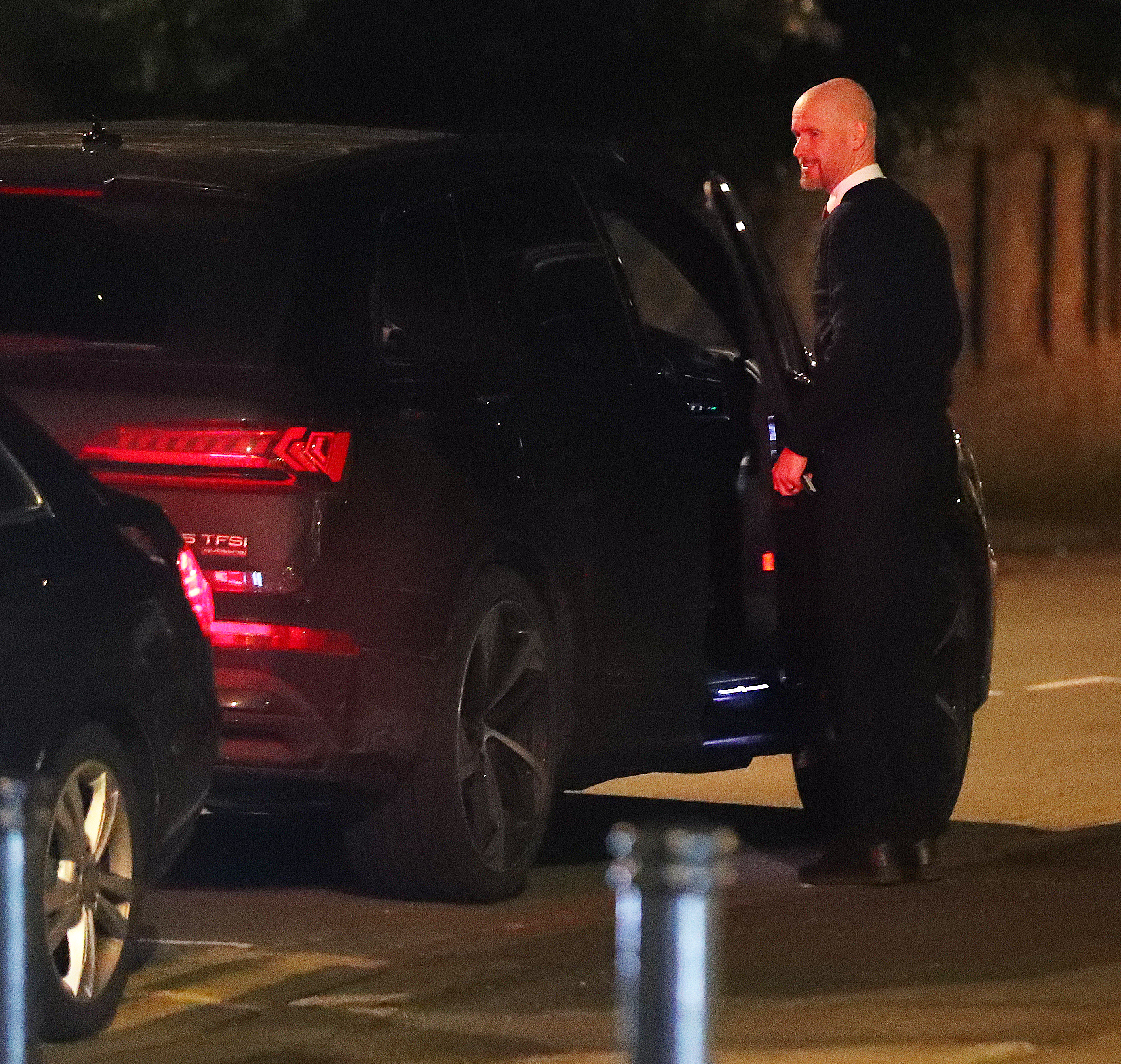 He was all-smiles as he climbed back into his motor to head home after dinner