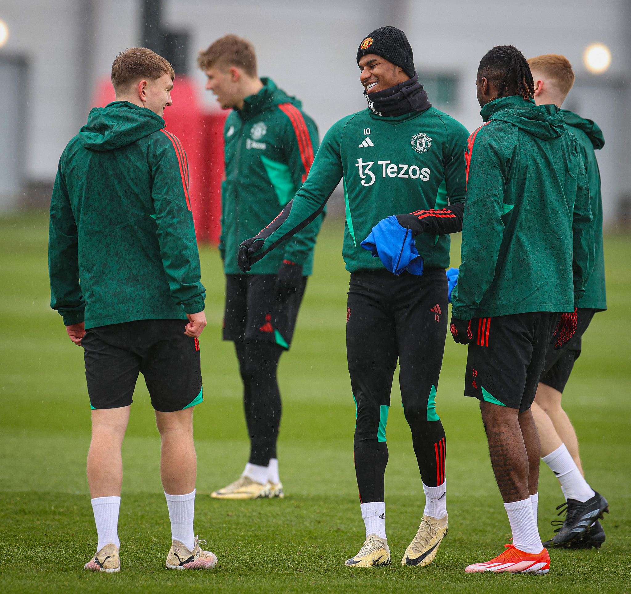 Marcus Rashford with a smile on his face during training.