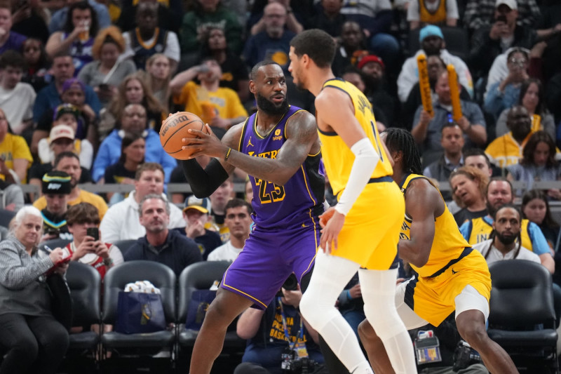 INDIANAPOLIS, IN - MARCH 29: LeBron James #23 of the Los Angeles Lakers looks to pass the ball during the game against the Indiana Pacers on March 24, 2024 at Gainbridge Fieldhouse in Indianapolis, Indiana. NOTE TO USER: User expressly acknowledges and agrees that, by downloading and or using this Photograph, user is consenting to the terms and conditions of the Getty Images License Agreement. Mandatory Copyright Notice: Copyright 2024 NBAE (Photo by Jesse D. Garrabrant /NBAE via Getty Images)