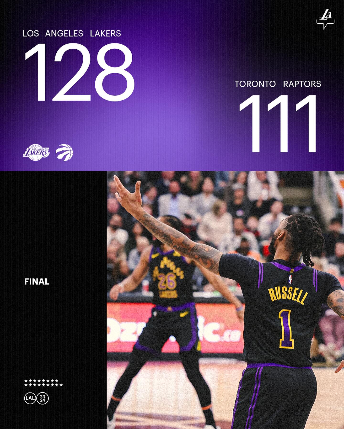 May be an image of ‎2 people, people playing basketball, crowd and ‎text that says "‎LOS ANGELES LAKERS 128 LAKERS TORONTO RAPTORS 111 FINAL MAw د RUSSELL 1‎"‎‎