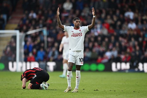 BOURNEMOUTH, ENGLAND - APRIL 13: Marcus Rashford of Manchester United reacts after fouling Illya Zabarnyi of AFC Bournemouth during the Premier League match between AFC Bournemouth and Manchester United at Vitality Stadium on April 13, 2024 in Bournemouth, England. (Photo by Dan Mullan/Getty Images) (Photo by Dan Mullan/Getty Images)