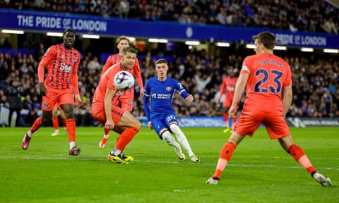 Cole Palmer scores the first of his four goals against Everton.