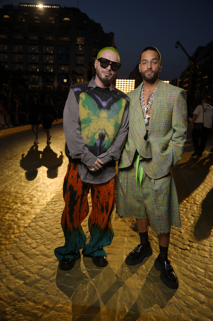 J Balvin and Maluma at the Louis Vuitton Spring 2024 Menswear Collection Runway Show on June 20, 2023 in Paris, France.