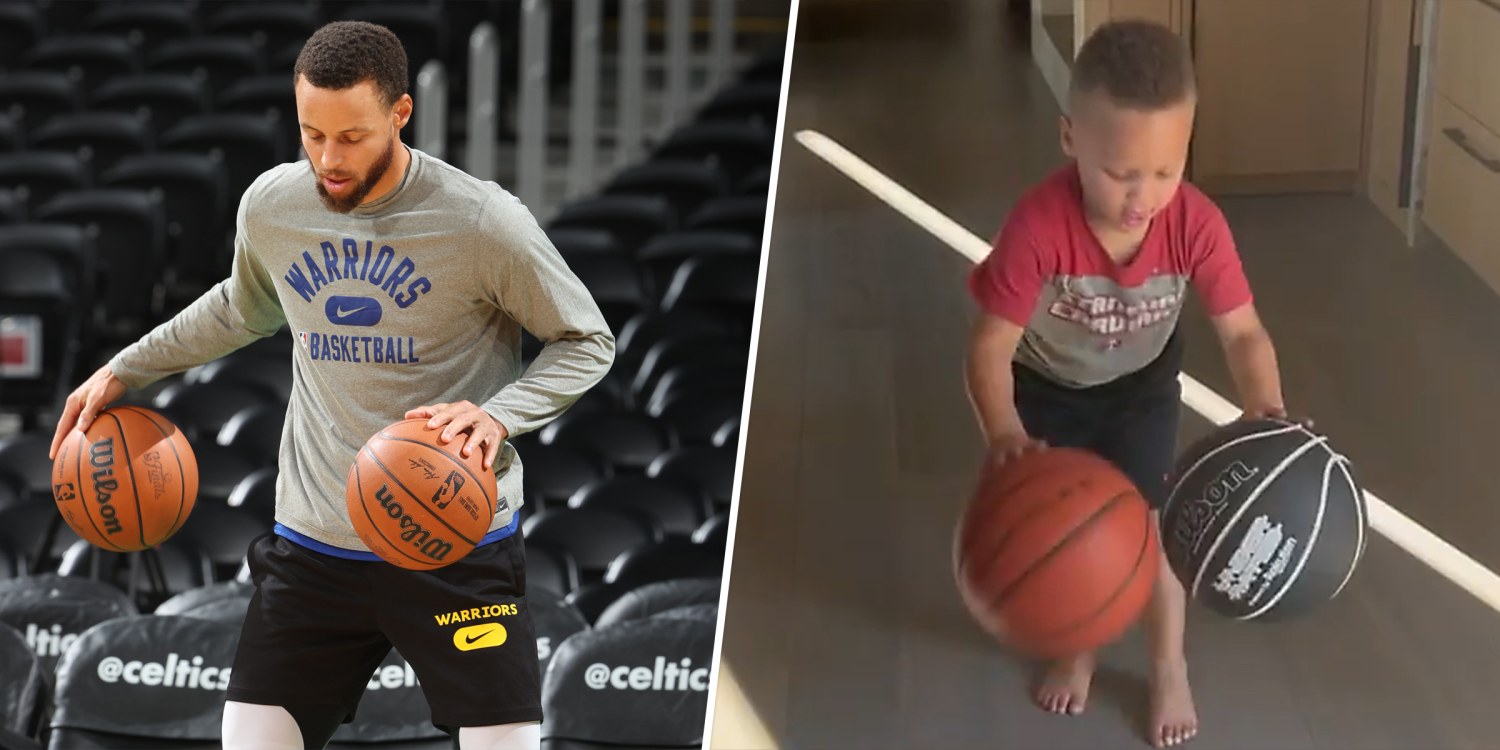 Just like dad! See Steph Curry's son, 3, dribble two basketballs at once