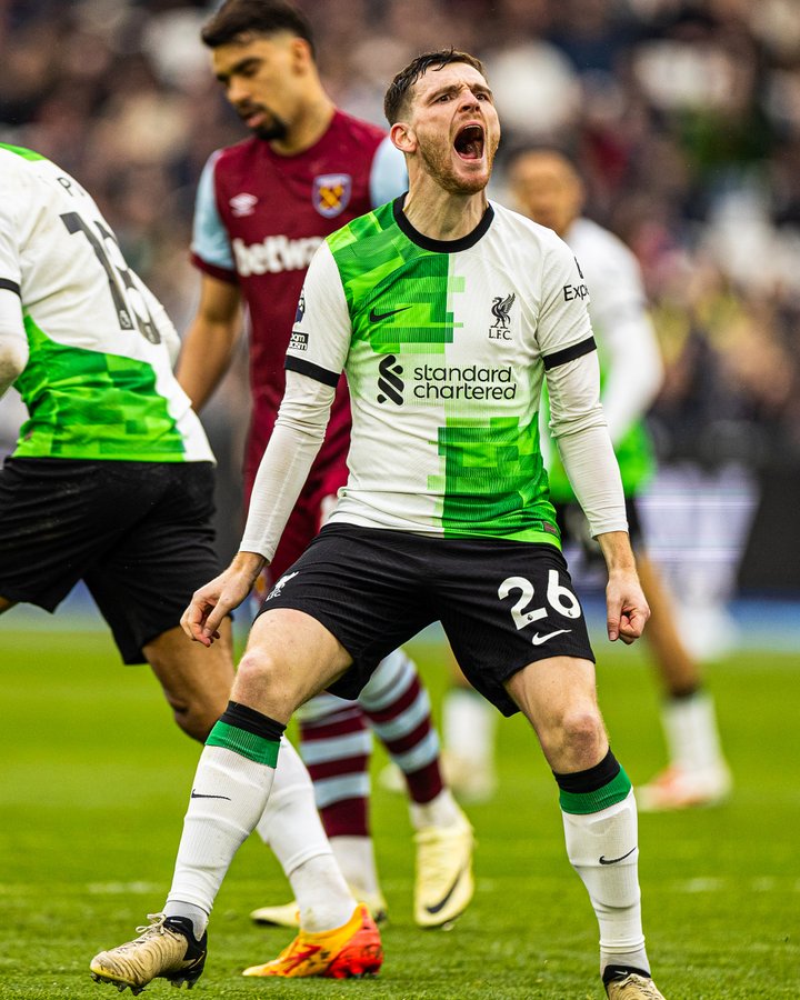 Andy Robertson celebrates his goal against West Ham United.