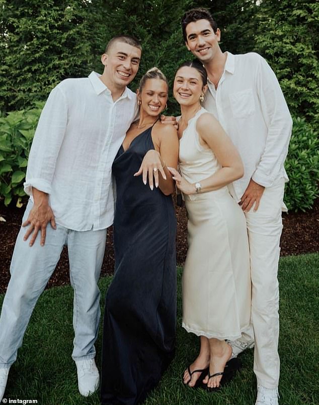 The couple's friends shared images of the bride and groom-to-be, noting that they were overjoyed to be 'apart of such a special weekend' (shown with Emma's sister, Maggie, and her boyfriend)