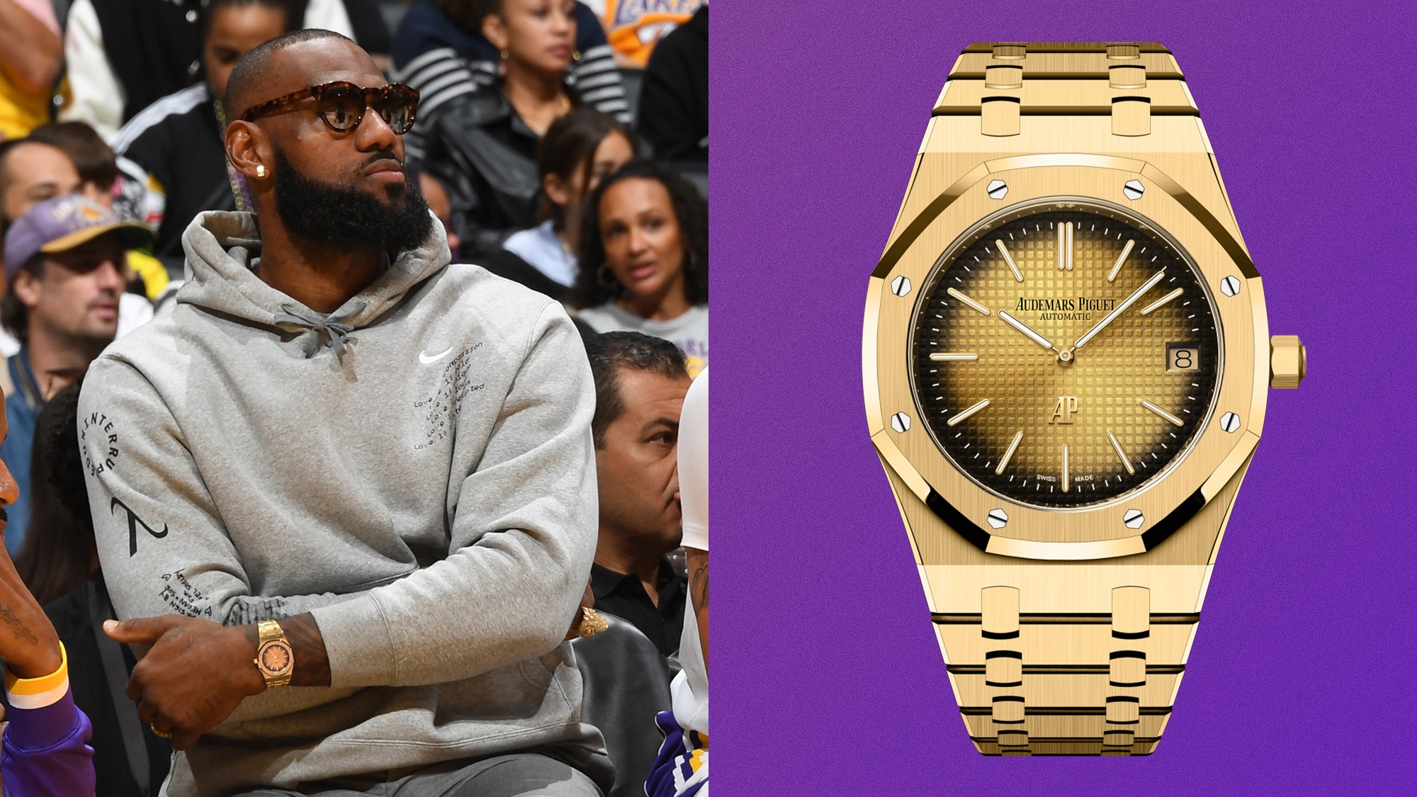 A collage of lebron james sitting courtside at a game wearing a gold watch and a detail shot of the said watch on a...