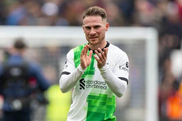 LONDON, ENGLAND - Saturday, April 27, 2024: Liverpool's Alexis Mac Allister applauds the supporters after the FA Premier League match between West Ham United FC and Liverpool FC at the London Stadium. (Photo by David Rawcliffe/Propaganda)