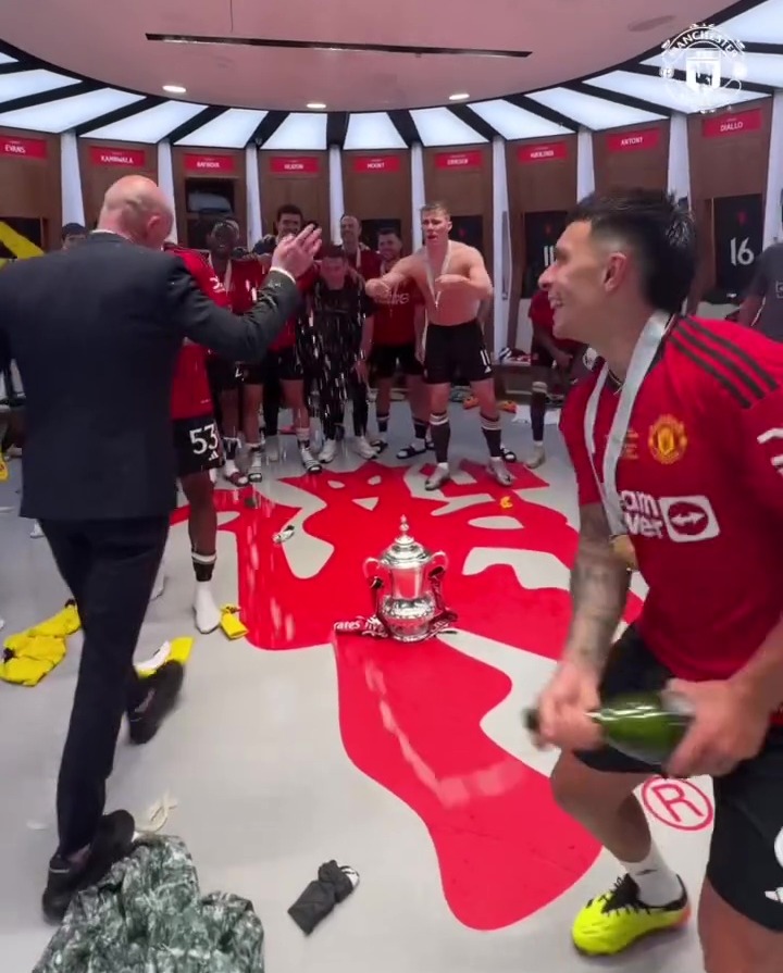 Erik ten Hag was soaked in champagne after winning the FA Cup