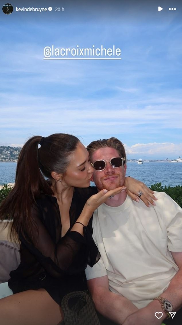 Kevin De Bruyne (right) was pictured enjoying a well-earned break in Cannes, France, alongside his partner Michelle (left)