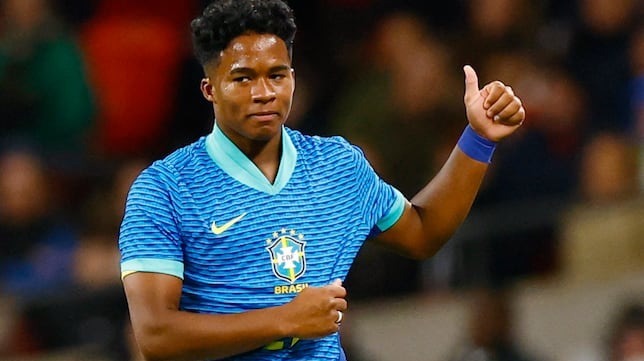 Endrick celebrates after scoring the only goal to help Brazil win 1-0 against England in a friendly match in London on March 23. Photo: Reuters