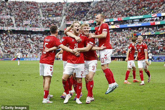 FRANKFURT AM MAIN, GERMANY - JUNE 20: Morten Hjulmand of Denmark celebrates scoring the equalising goal during the UEFA EURO 2024 group stage match between Denmark and England at Frankfurt Arena on June 20, 2024 in Frankfurt am Main, Germany. (Photo by James Baylis - AMA/Getty Images)