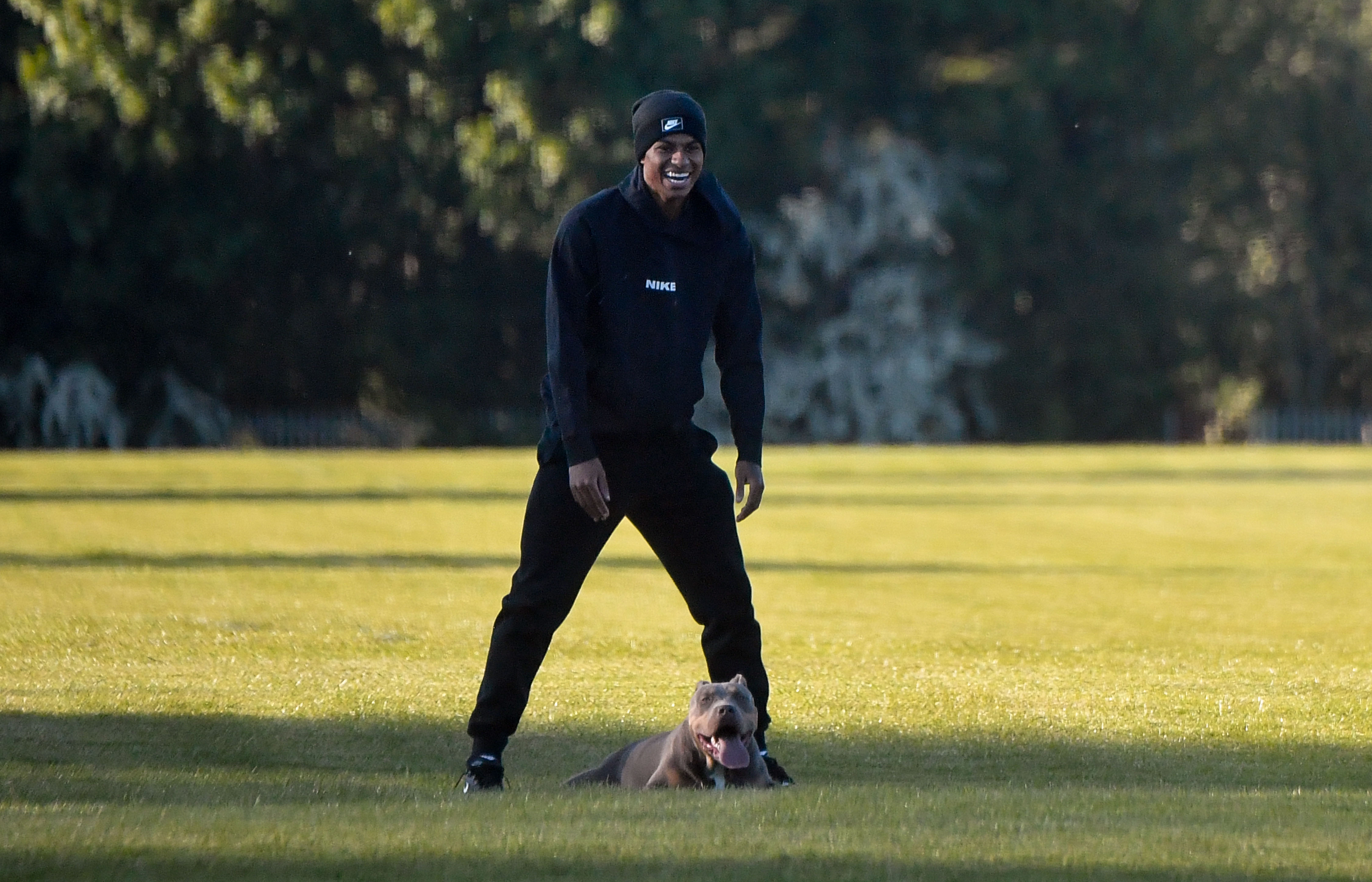 Marcus donned a Nike outfit with beanie, tracksuit and trainers