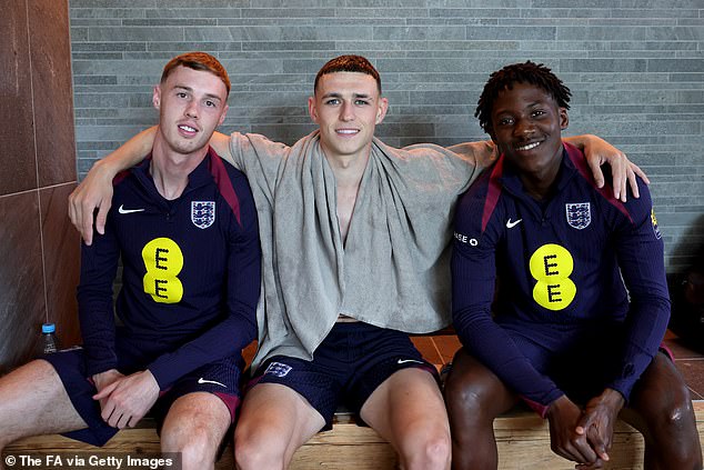 England starlets Cole Palmer (left), Phil Foden, and Kobbie Mainoo (right) relaxed by the pool