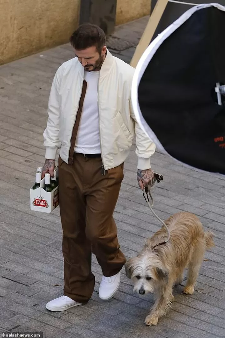 David Beckham is seen clutching six bottles of Stella Artois as he films advert| All Football