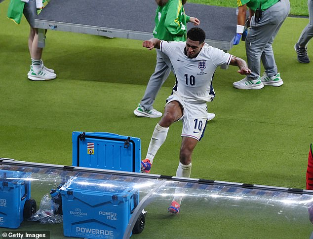 Jude Bellingham kicked a drinks cooler in frustration after England's defeat to Spain