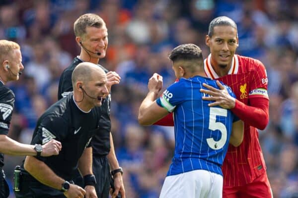 IPSWICH, ENGLAND - Saturday, August 17, 2024: Liverpool's captain Virgil van Dijk (R) and Ipswich Town's captain Sam Morsy during the FA Premier League match between Ipswich Town FC and Liverpool FC at Portman Road. (Photo by David Rawcliffe/Propaganda)