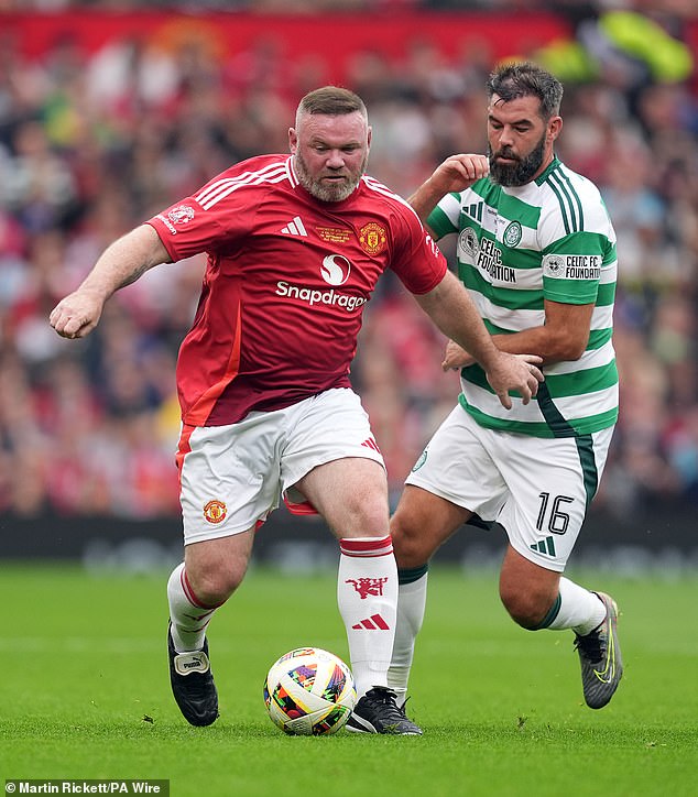 Coleen and the family watch Wayne Rooney roll back the years to score in  Old Trafford charity match as the 38-year-old dons the famous Manchester  United shirt for the first time in