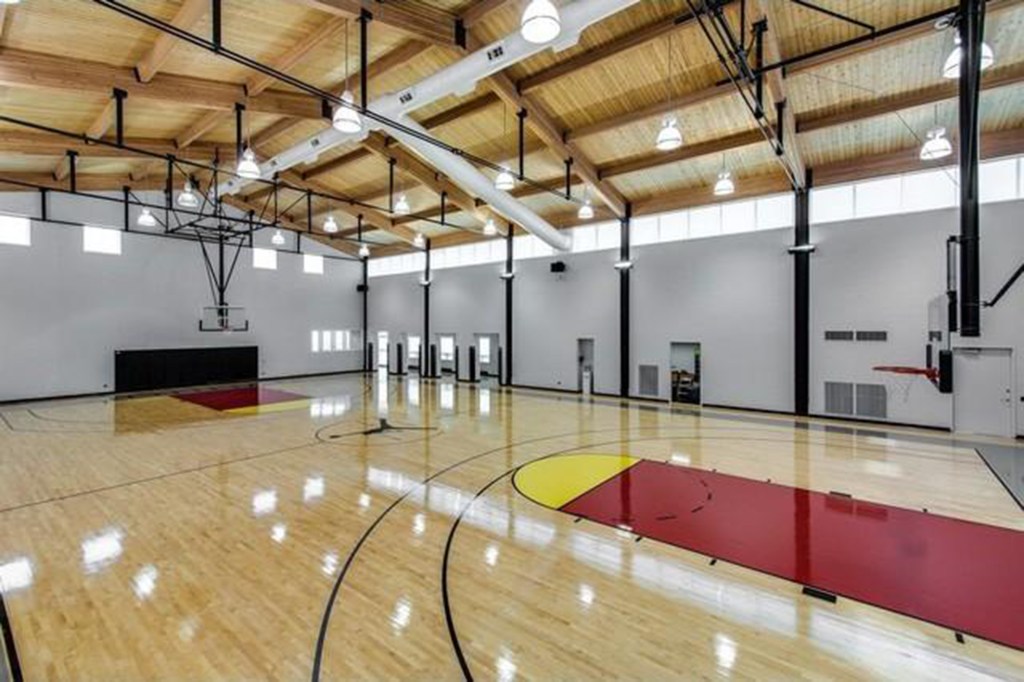 The full-size indoor basketball court. 