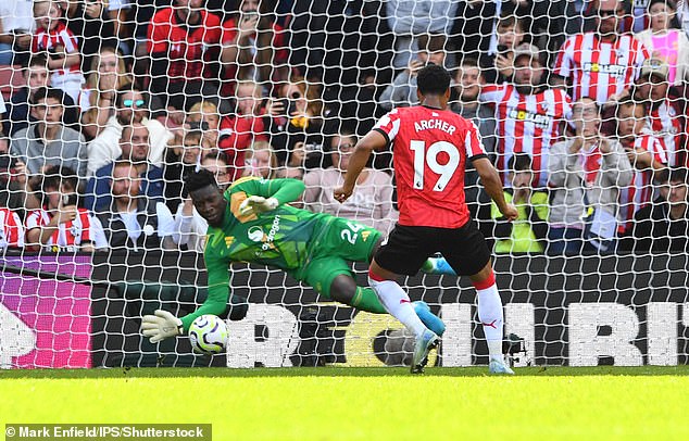 Southampton's Cameron Archer saw his spot-kick saved by United stopper Andre Onana