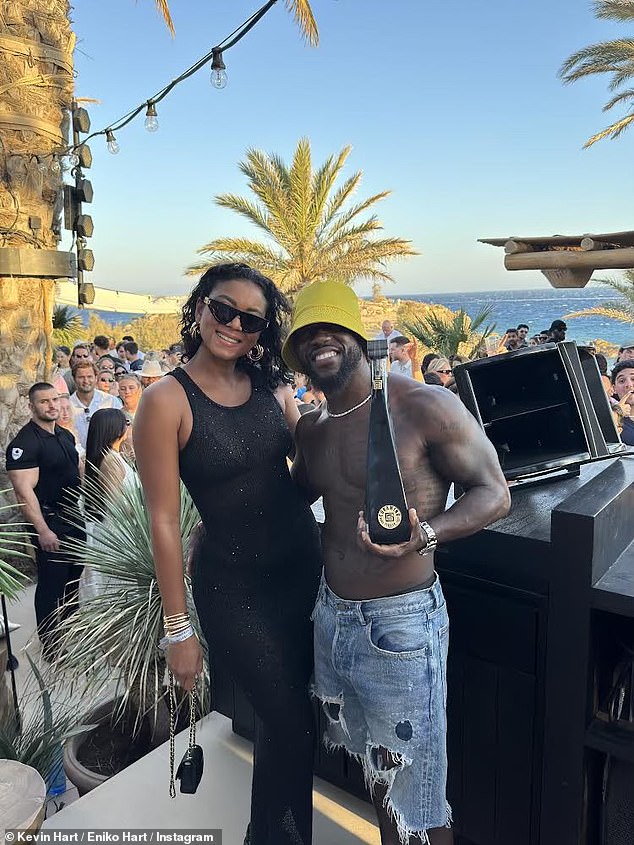 Kevin Hart lived it up with wife Eniko and his inner circle as he celebrated his 45th birthday sipping his Gran Coramino tequila at the beautiful Scorpios Mykonos in Greece