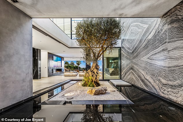 Outside, the home a beautifully designed courtyard with a 20-foot cascading water wall that sits behind a 150-year-old Mediterranean olive tree that was shipped over from Italy