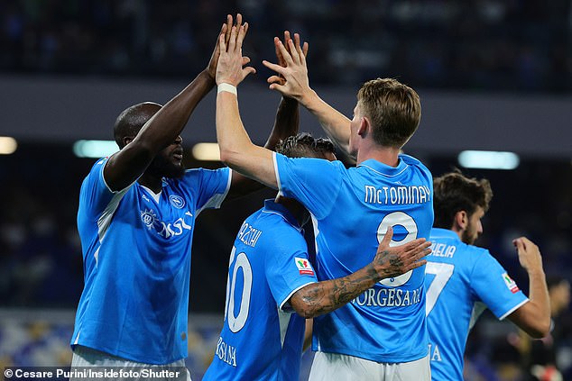 McTominay's goal was set up by former Manchester United team-mate Romelu Lukaku (left)